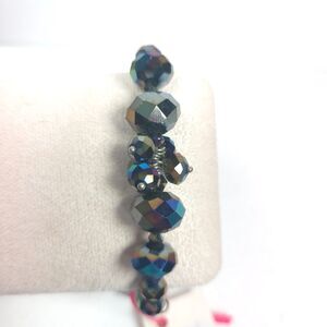Iridescent Black Crystal Stretch Bracelet Silver Tone Bar Black AB Beads